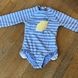 Blue Bathing Suit, White Stripes With Lemon